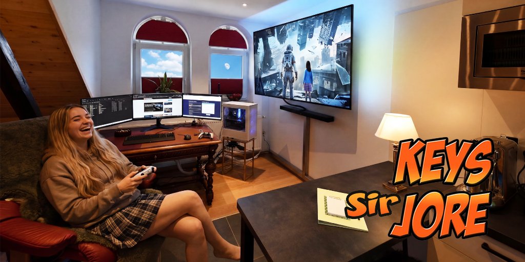 KeysJore – Gaming-Setup mit Sofa und großem Wandbildschirm