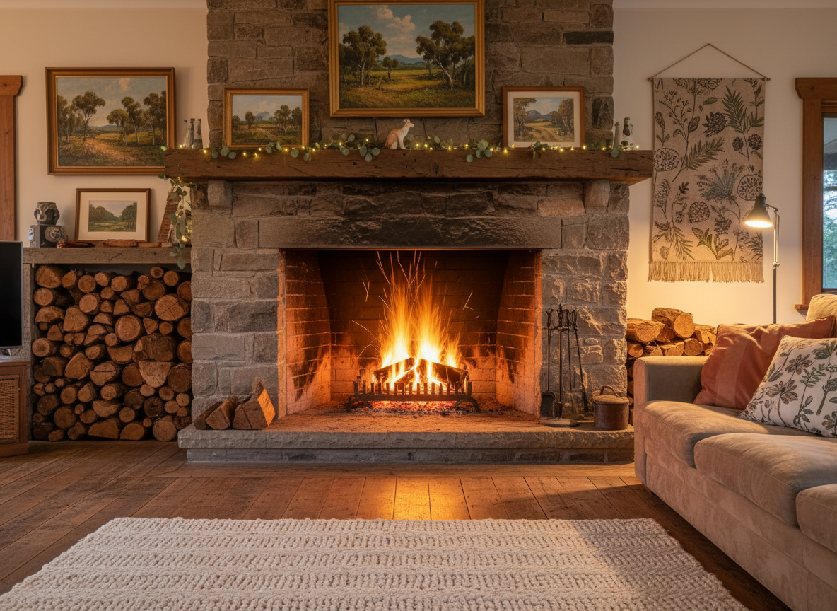Cozy fireplace with stacked firewood