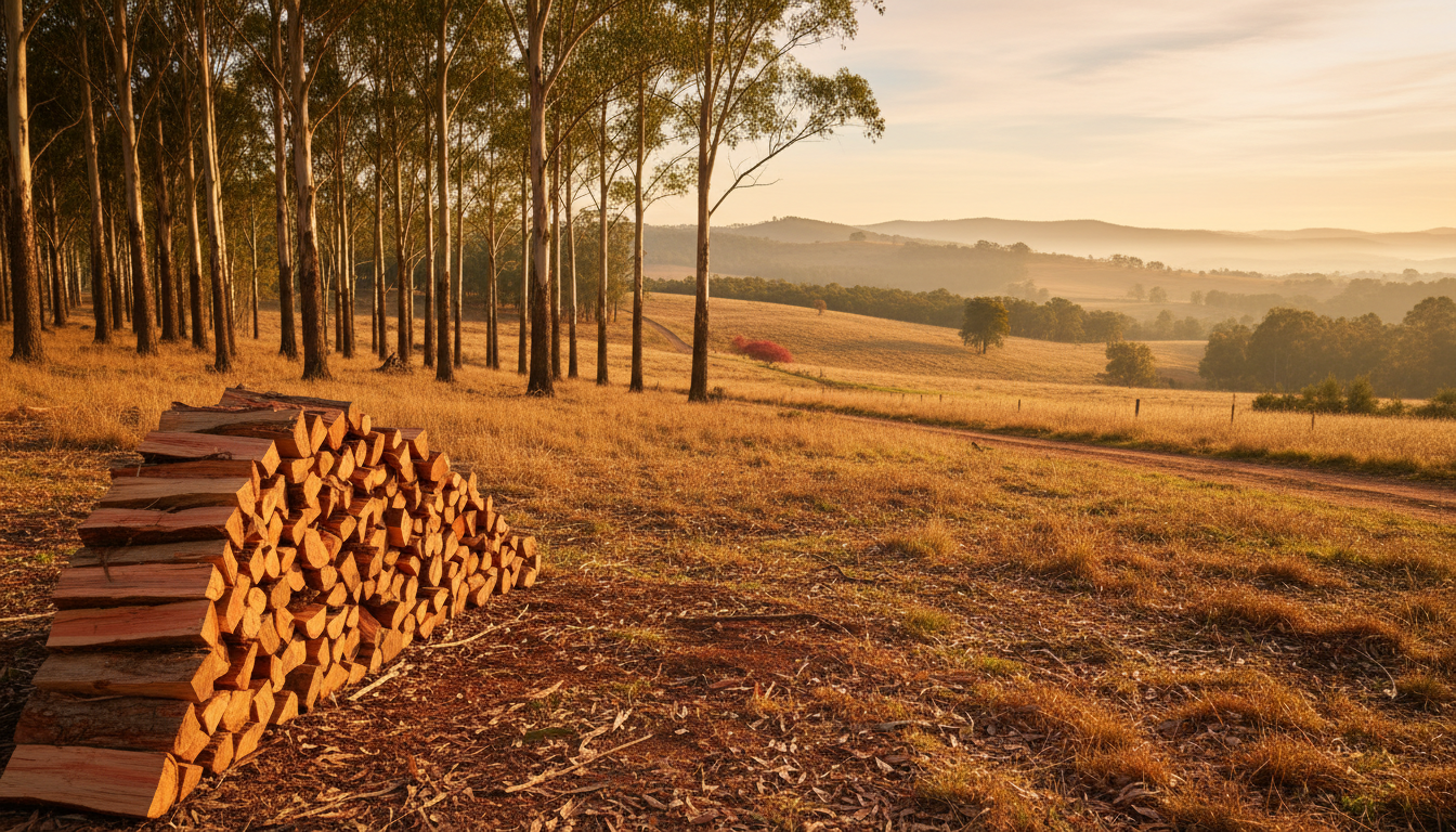 Yass Valley landscape with stacked firewood