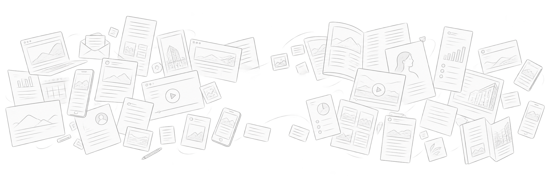 Monochrome illustrations of different marketing and communication assets