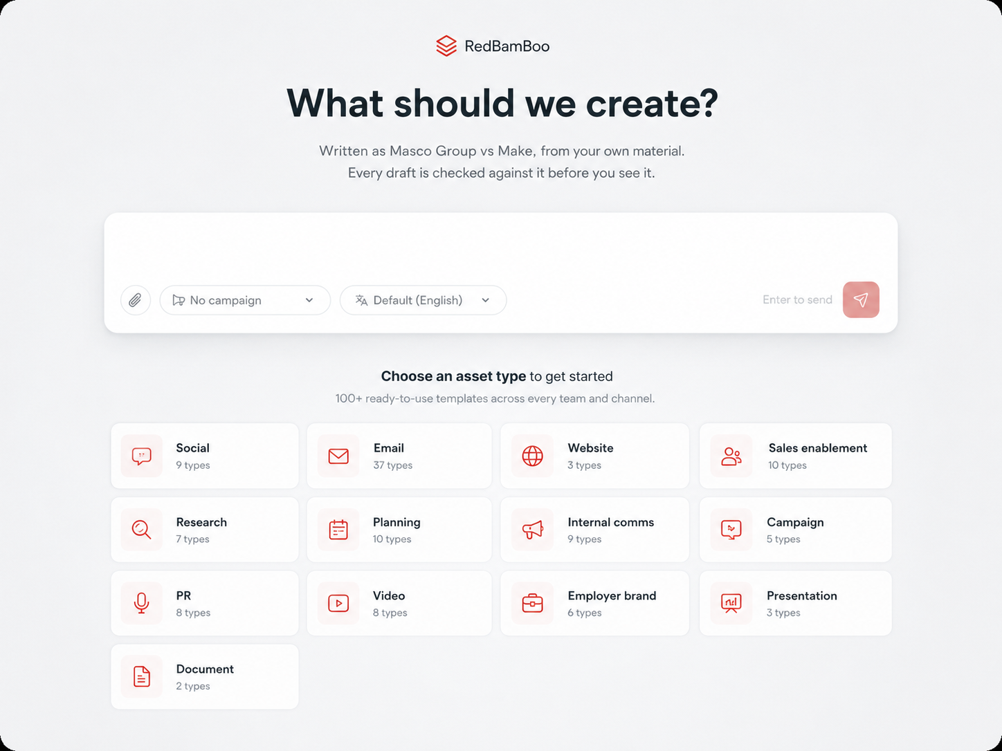 RedBamBoo Create view showing the guided starting point and available marketing and communication asset categories
