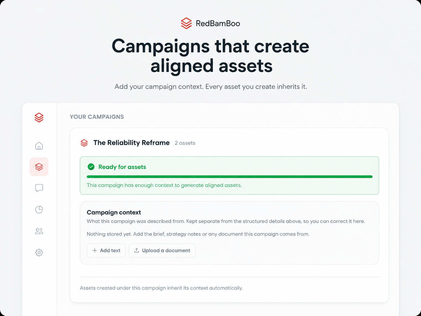 RedBamBoo Campaign view showing shared context and a campaign ready for asset creation