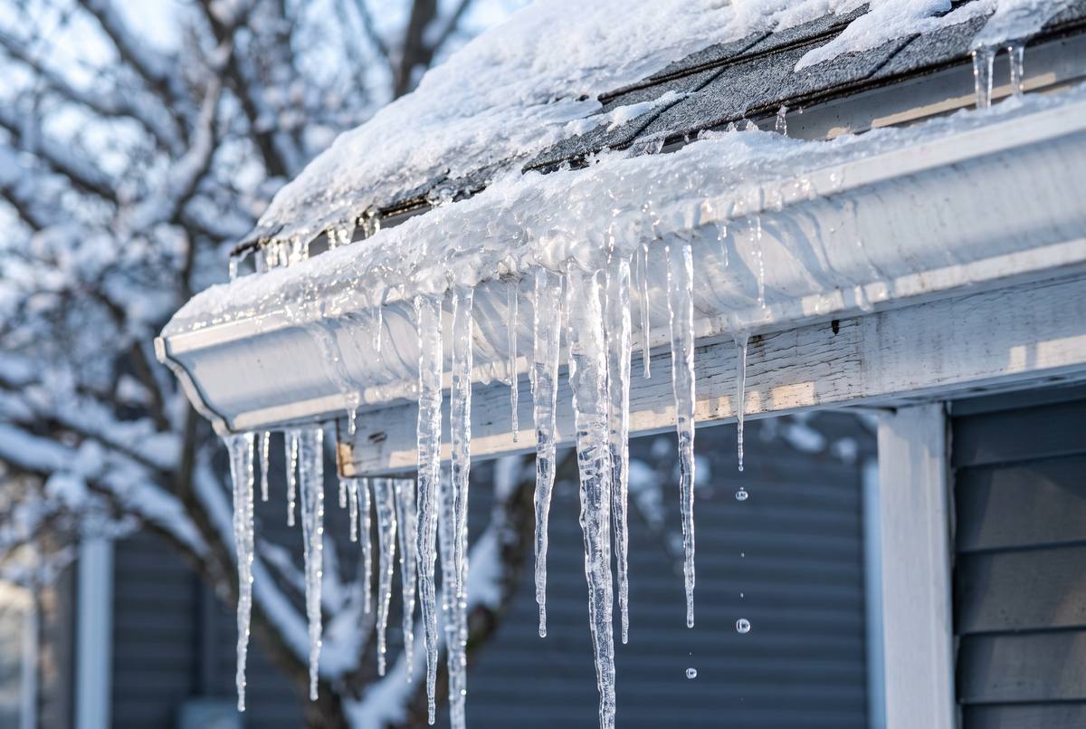 Illustration: a gutter encased in ice with long icicles