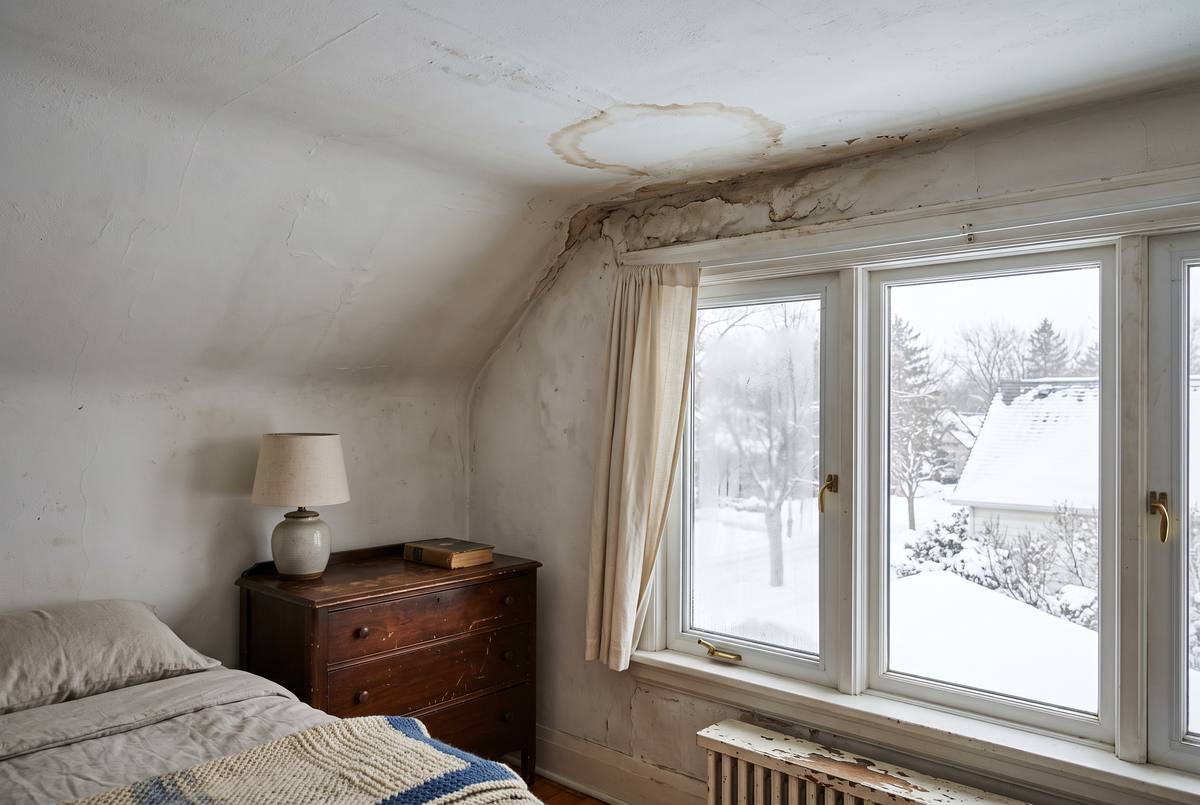 Illustration: water stain on a bedroom ceiling at the exterior wall