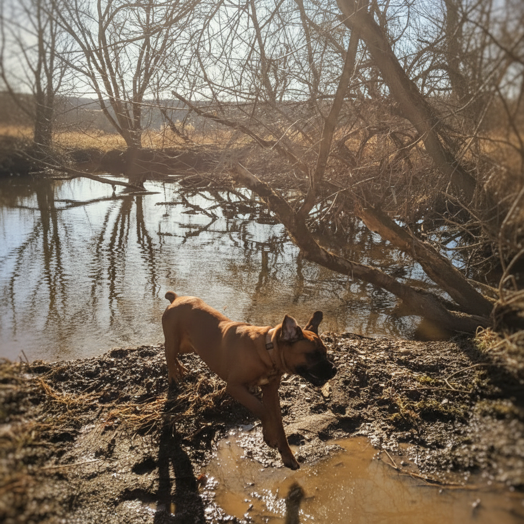 Dog exploring the creekside at camp