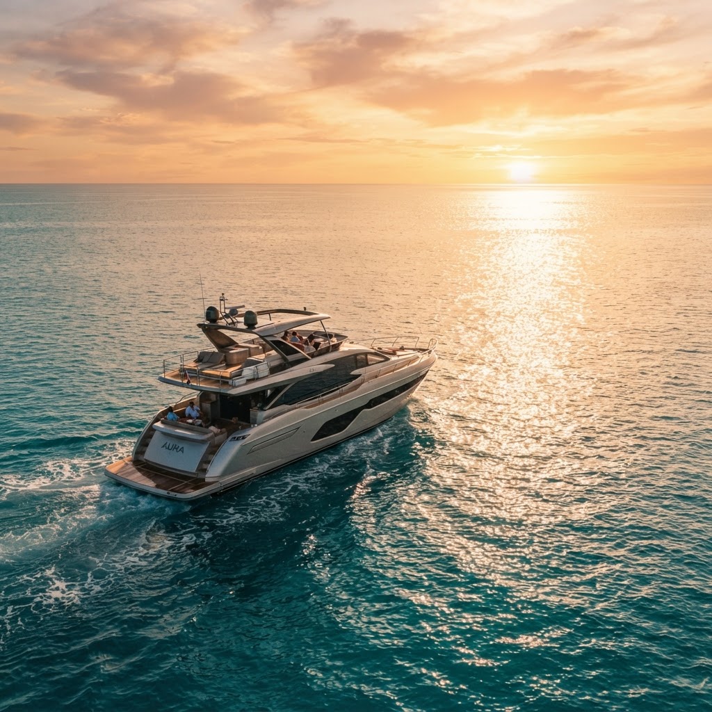 Yacht on Dubai Marina water at golden hour