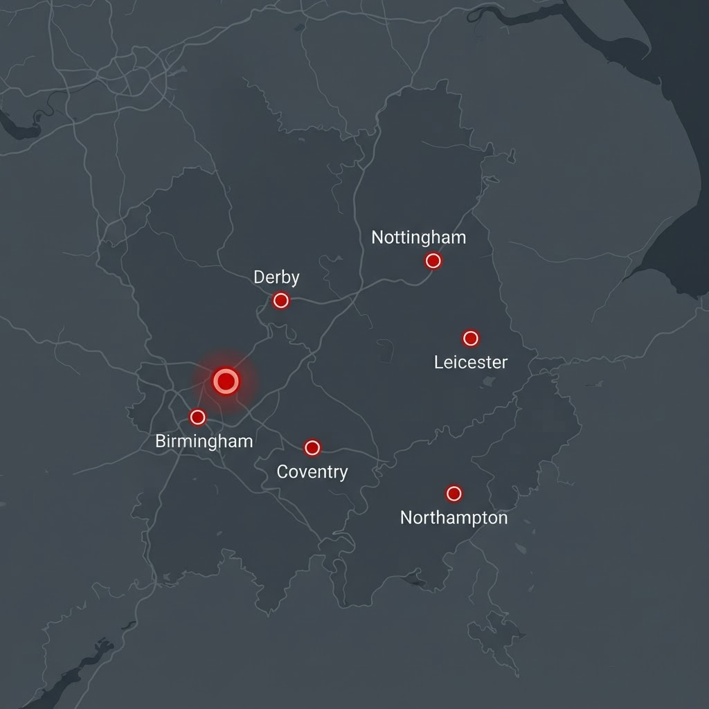 Map of Midland Piling's coverage across Leicester, Nottingham, Derby, Birmingham, Coventry and Northampton