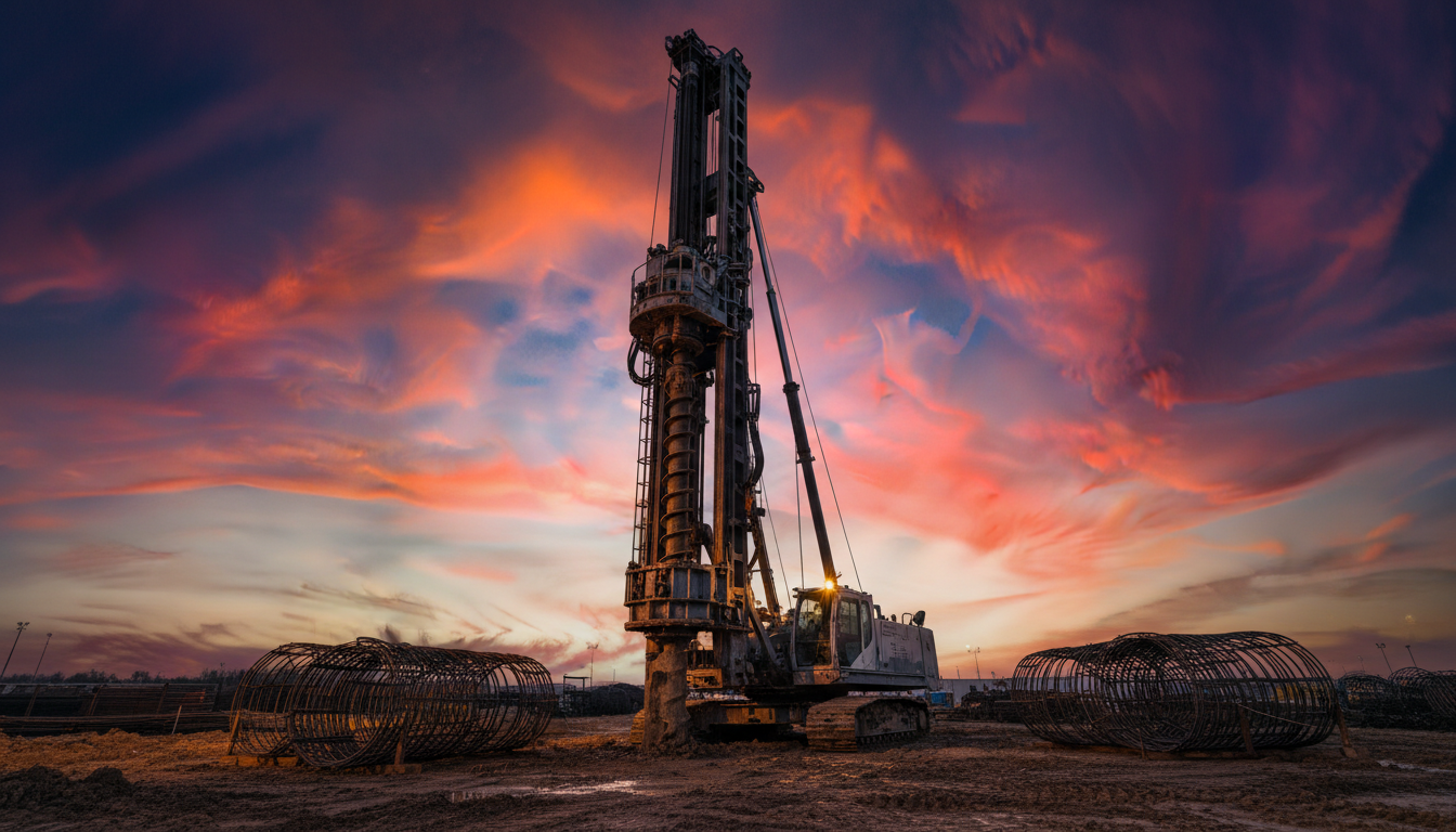 CFA piling rig on construction site at sunset