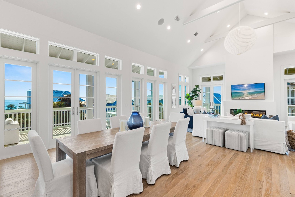 Coastal living room with fireplace