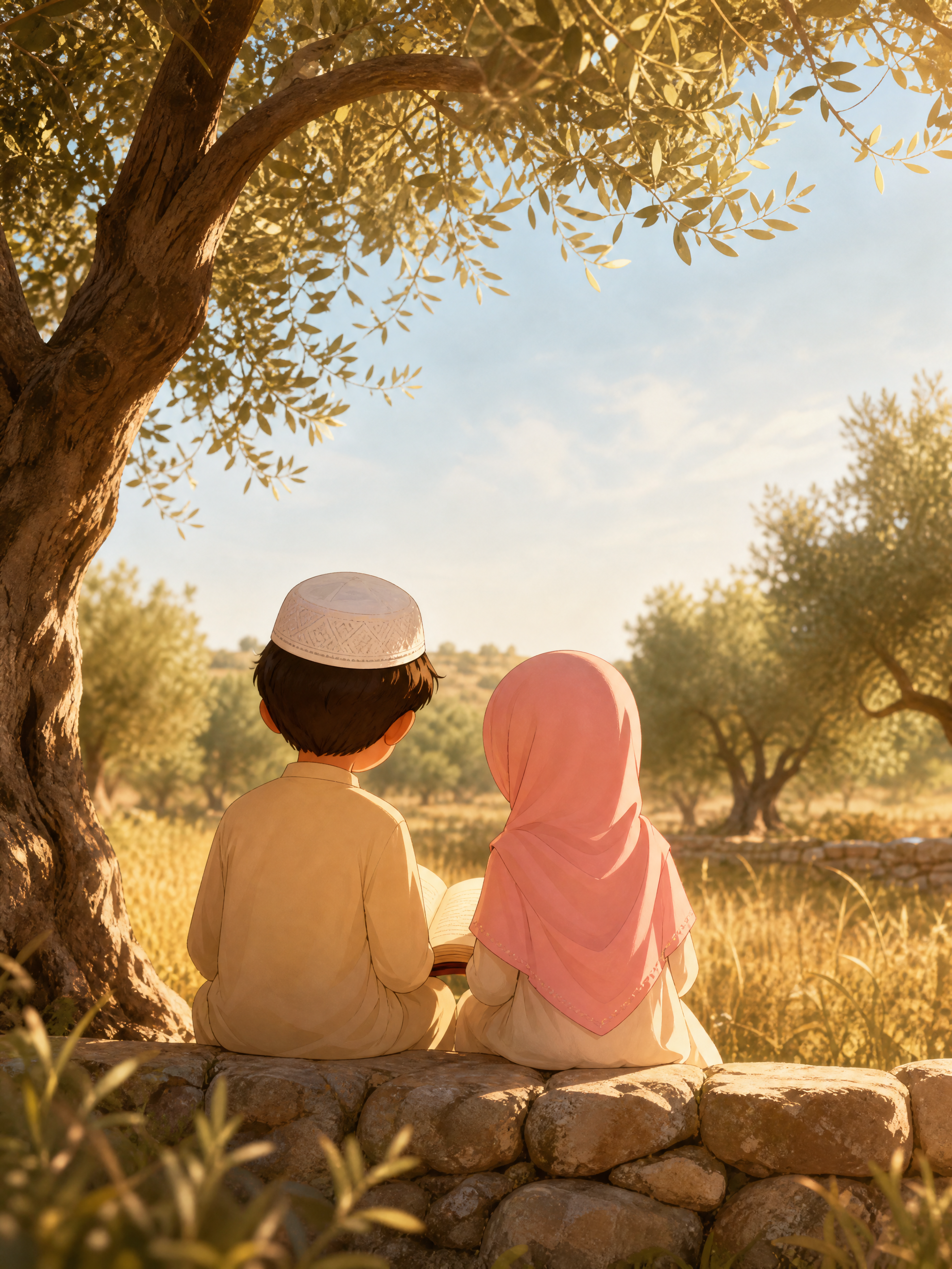 Youssouf et Fatima lisent ensemble sous un olivier