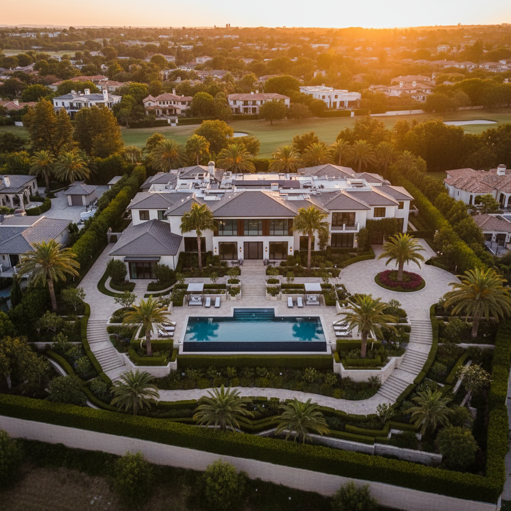 Luxury residential property aerial photography showcasing home, landscaping, and neighborhood