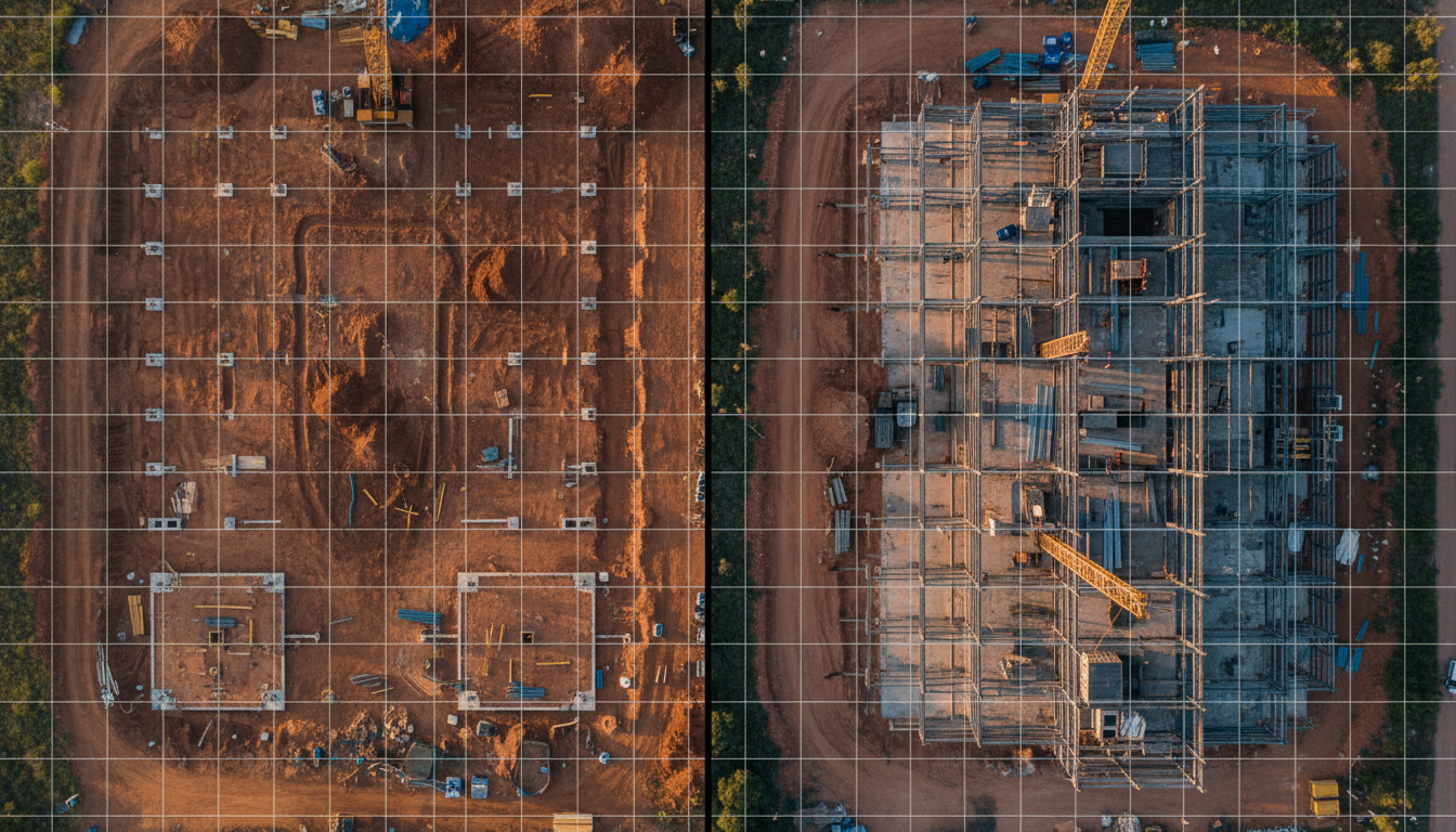 Split construction progress view showing foundation phase to steel framework completion