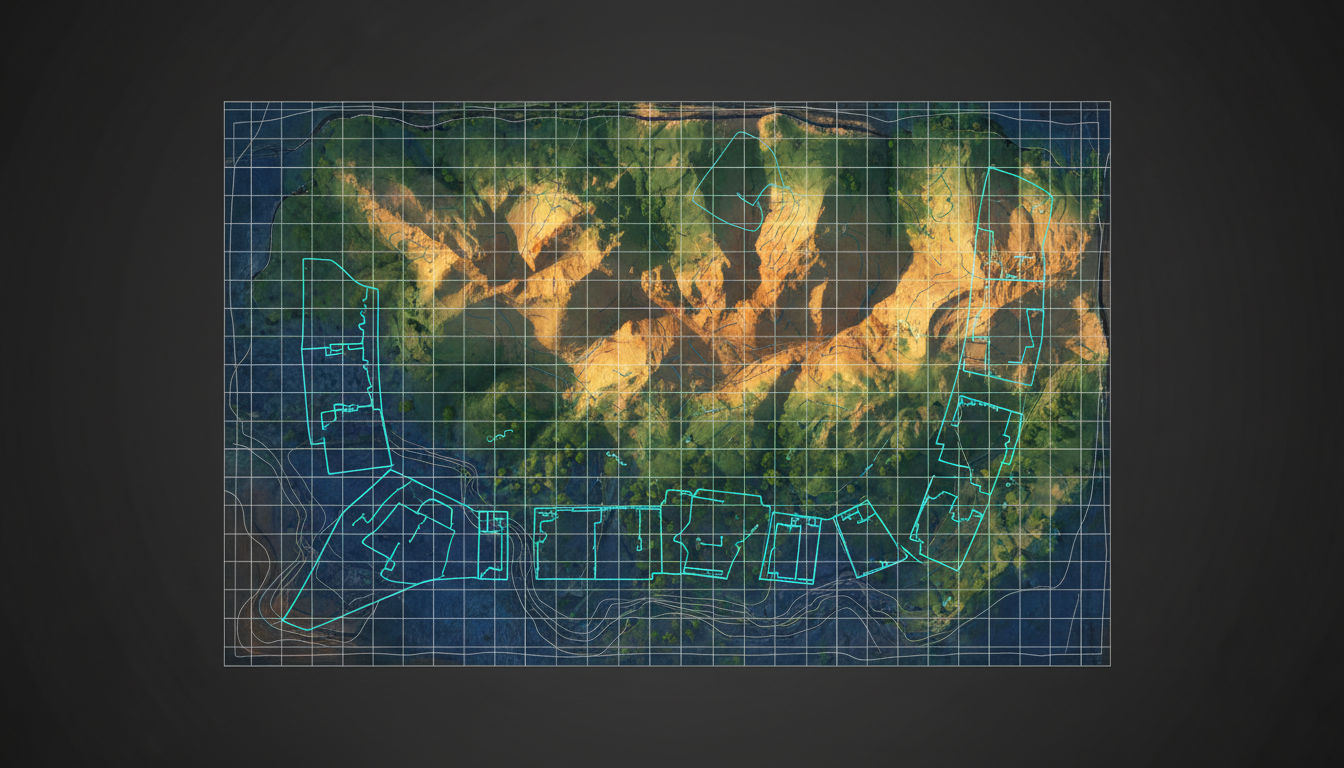 Aerial orthomosaic map of a 50-acre construction site with color-coded elevation data