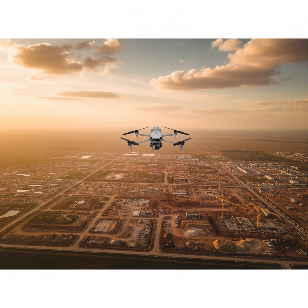 GeoAero team operating a professional survey drone at dawn on a construction site