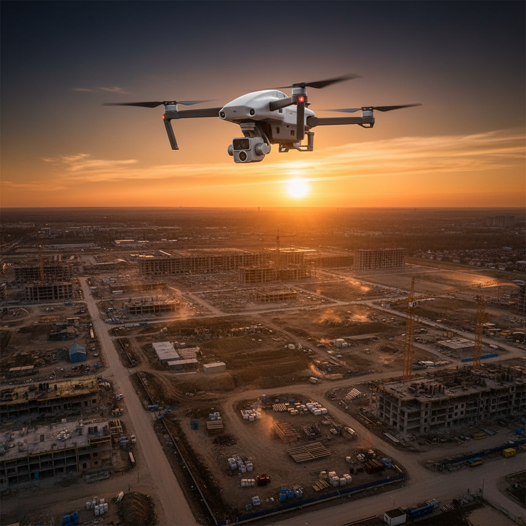 DJI Matrice 4E enterprise drone flying over a construction site at golden hour