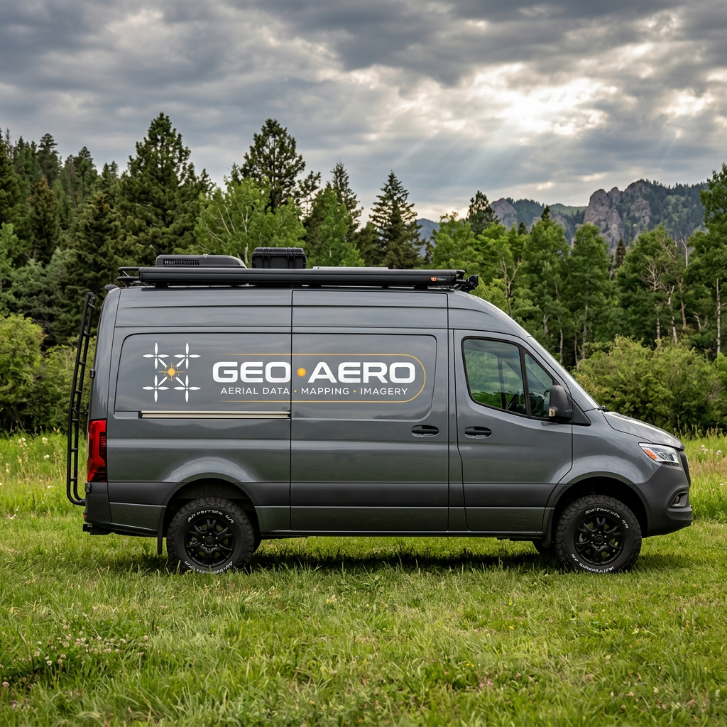 Grey GeoAero Sprinter van with GEO AERO logo branding parked on grass with trees in background