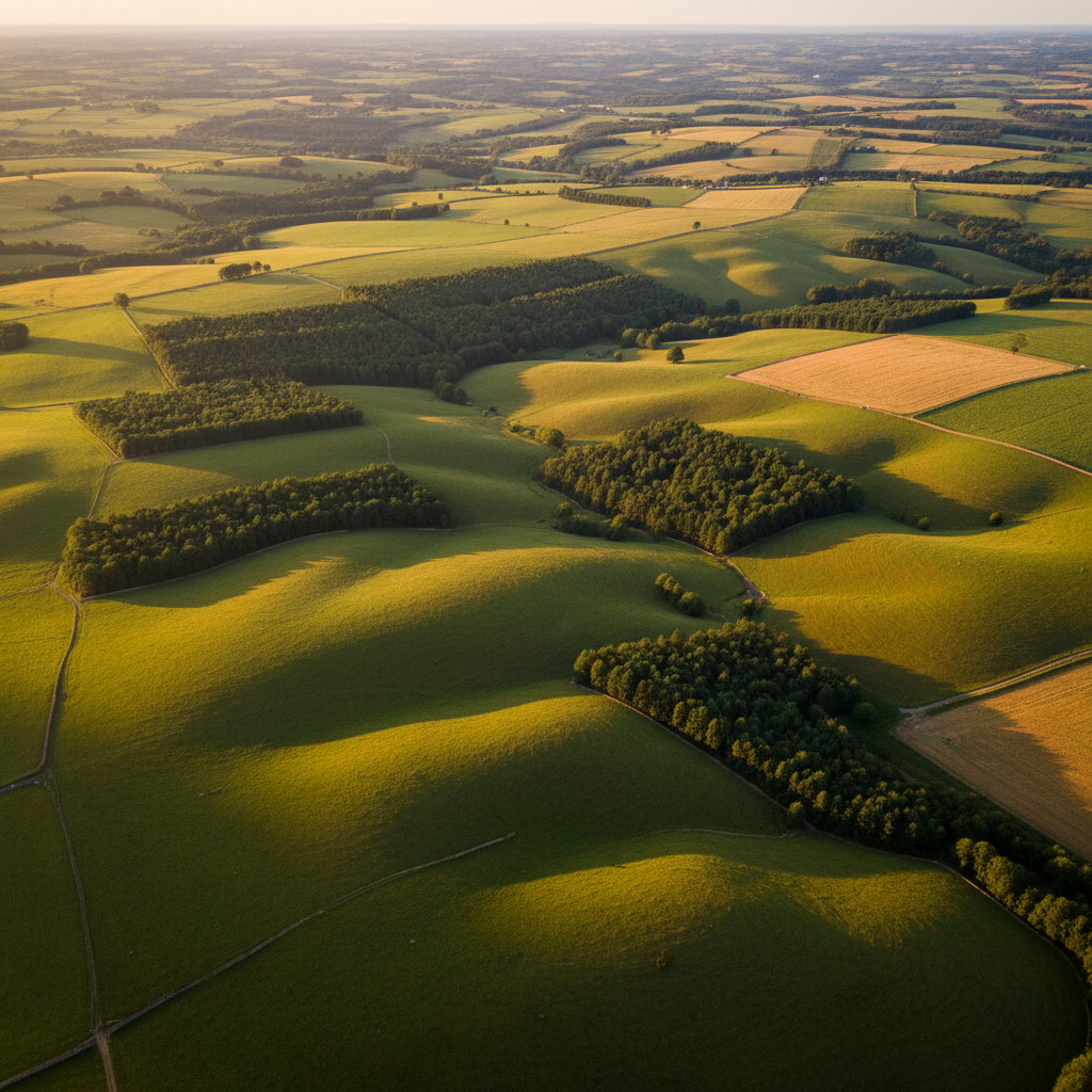Wide aerial drone survey of land management parcels with boundary overlays and vegetation data