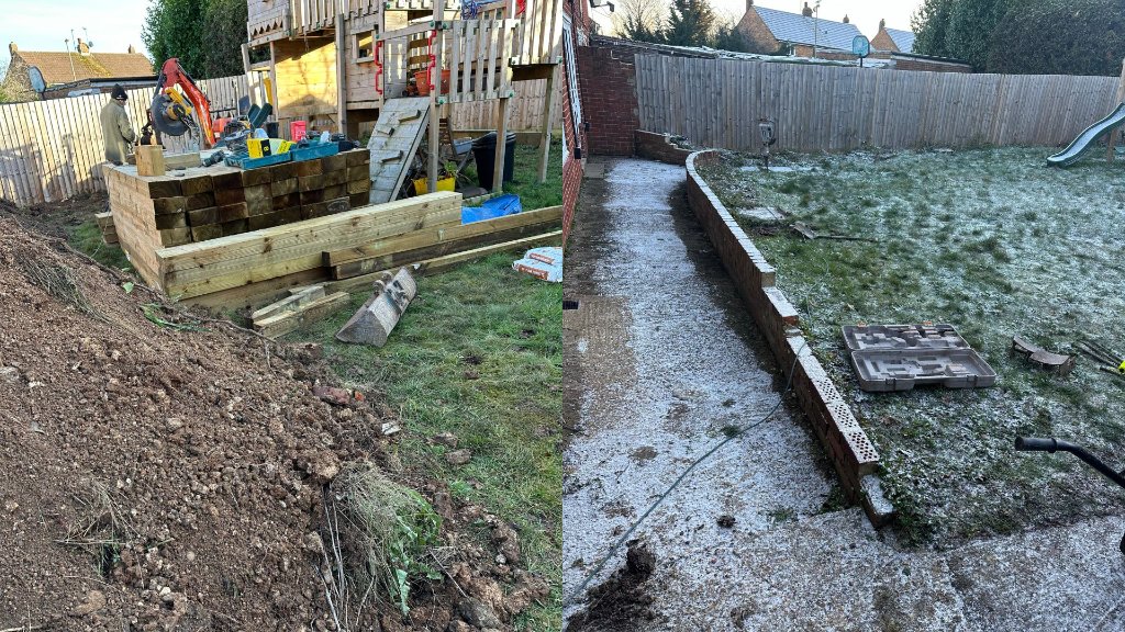 Before: New porcelain patio laid in a Basingstoke garden, replacing cracked, moss-covered old paving slabs