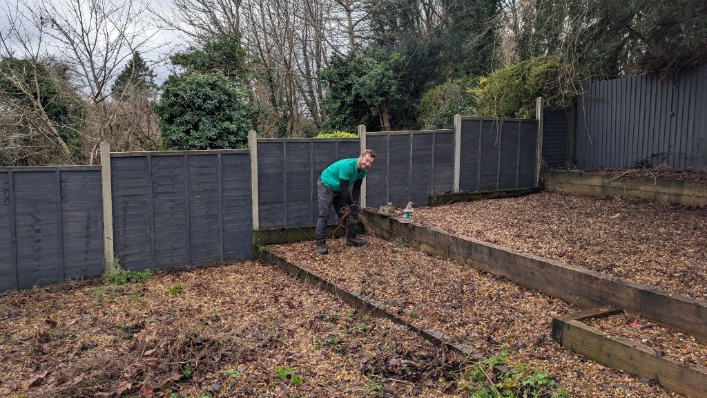 Landscaping Basingstoke team finishing bark mulch clearance during garden tidy up