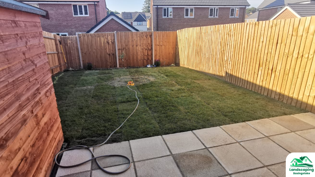 Newly turfed garden after redesign in Basingstoke