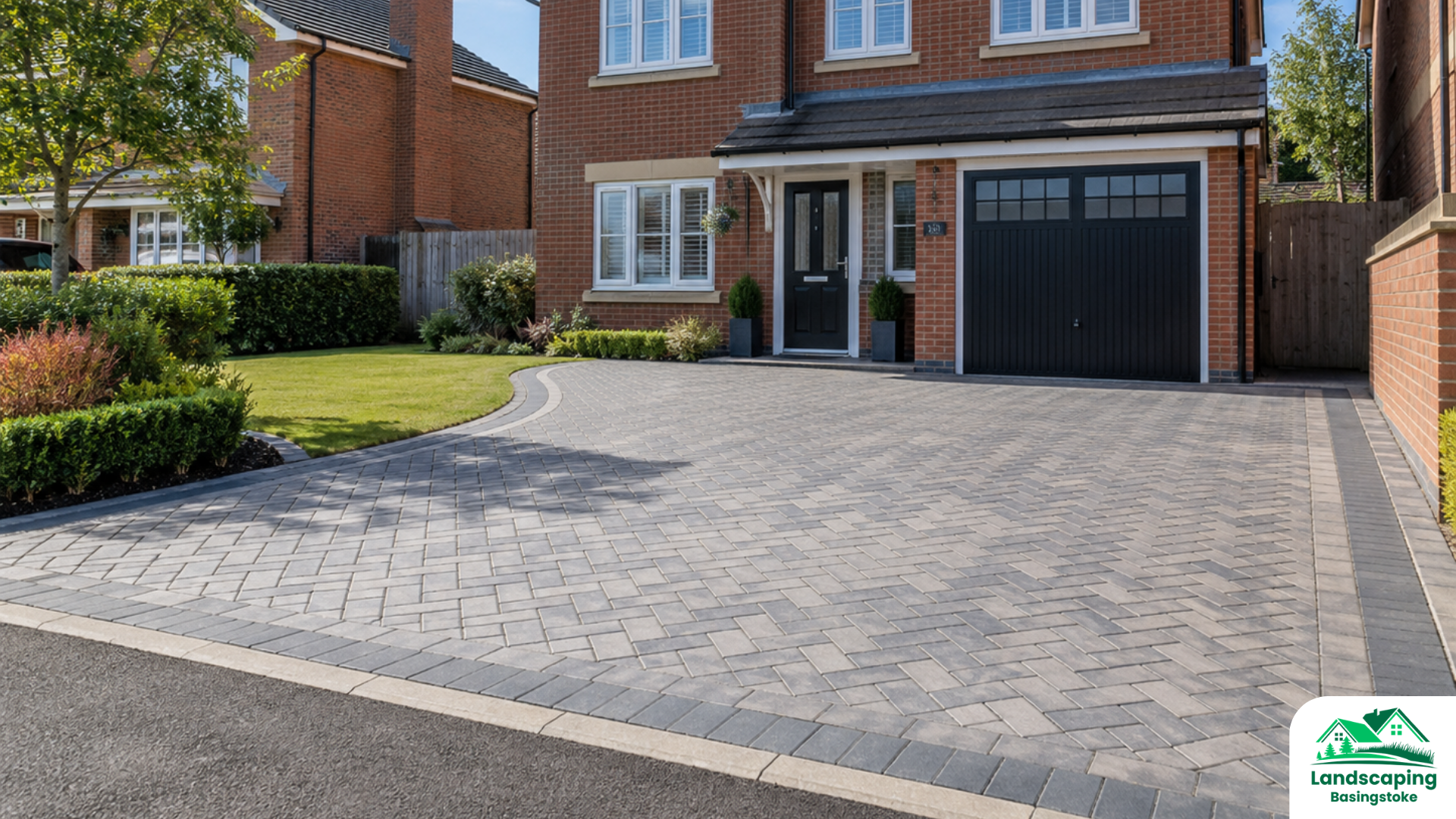 Herringbone block paving driveway in Basingstoke with charcoal edging