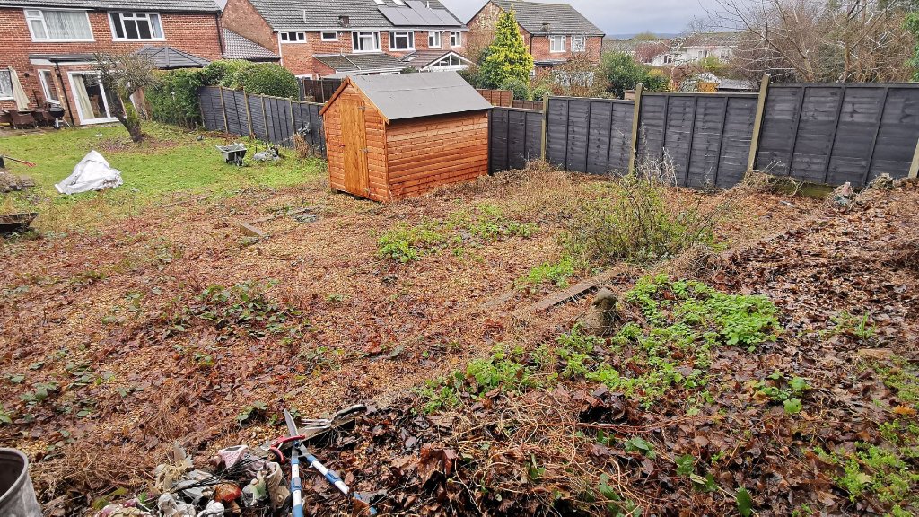 Before: Full garden transformation in Basingstoke with new lawn, planted borders and reshaped garden layout