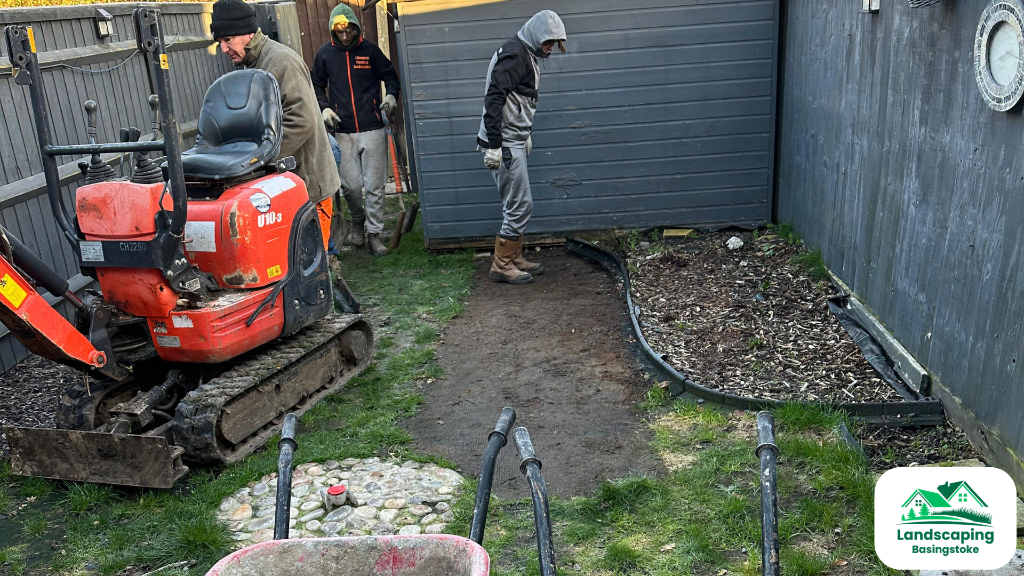 Before: Basingstoke garden redesign combining new turf, paved patio seating area and fresh timber fencing