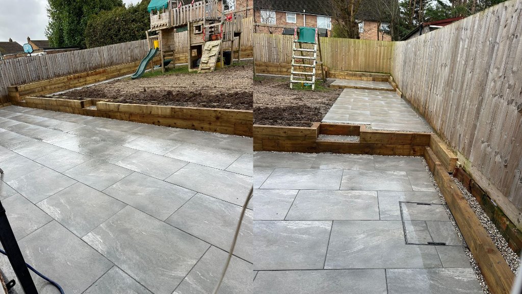 After: New porcelain patio laid in a Basingstoke garden, replacing cracked, moss-covered old paving slabs