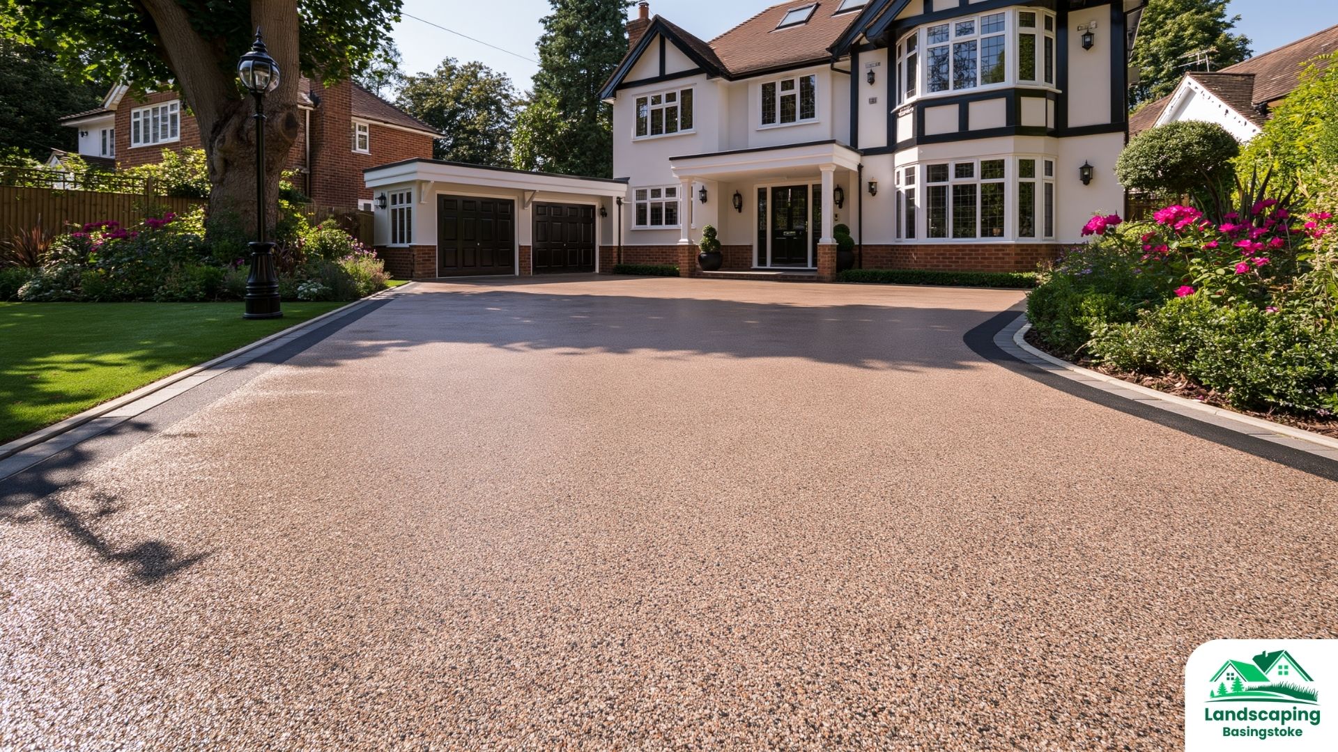 Resin bound driveway installation in Basingstoke with contrasting block edging