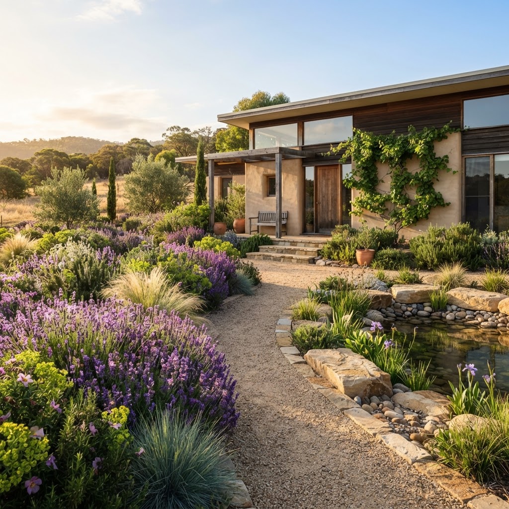 Klimaresilienter Garten mit trockenheitsresistenten Pflanzen vor einem Holz-Lehm-Haus