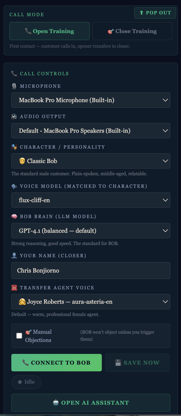 Call Mode Configuration — character, voice model, LLM brain, transfer agent voice, and manual objections toggle