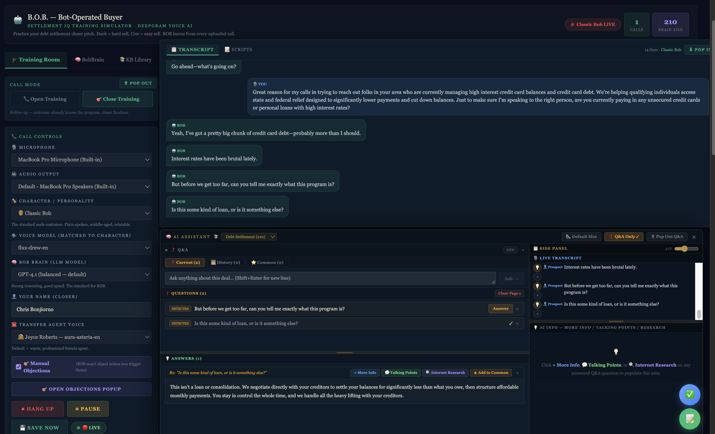 BOB Training Room — live transcript, AI Q&A assistant, scripts, and call controls in one unified workspace