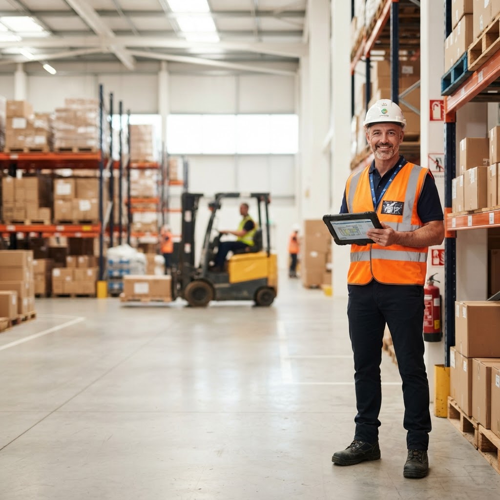 Safety manager reviewing compliance training on a tablet in a warehouse