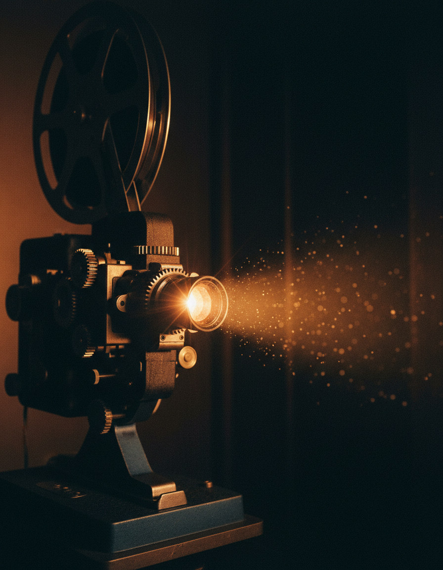 Vintage projector with amber light beam