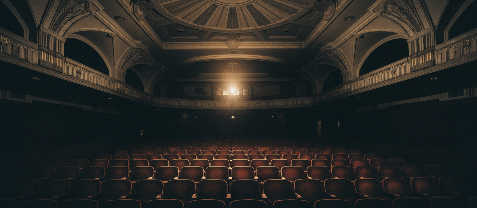 Grand vintage movie theater interior with dramatic projector light cutting through darkness
