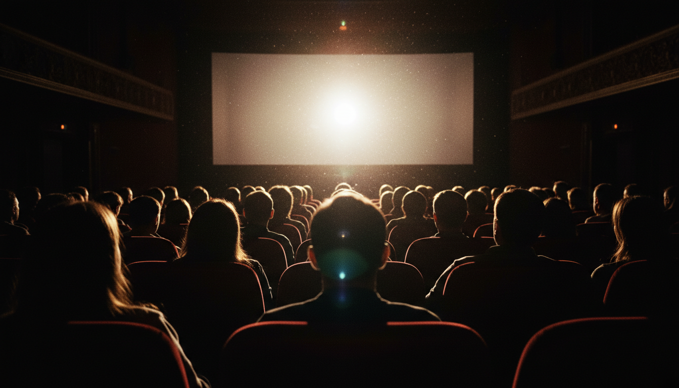 Silhouetted audience watching a bright cinema screen in a dark theater