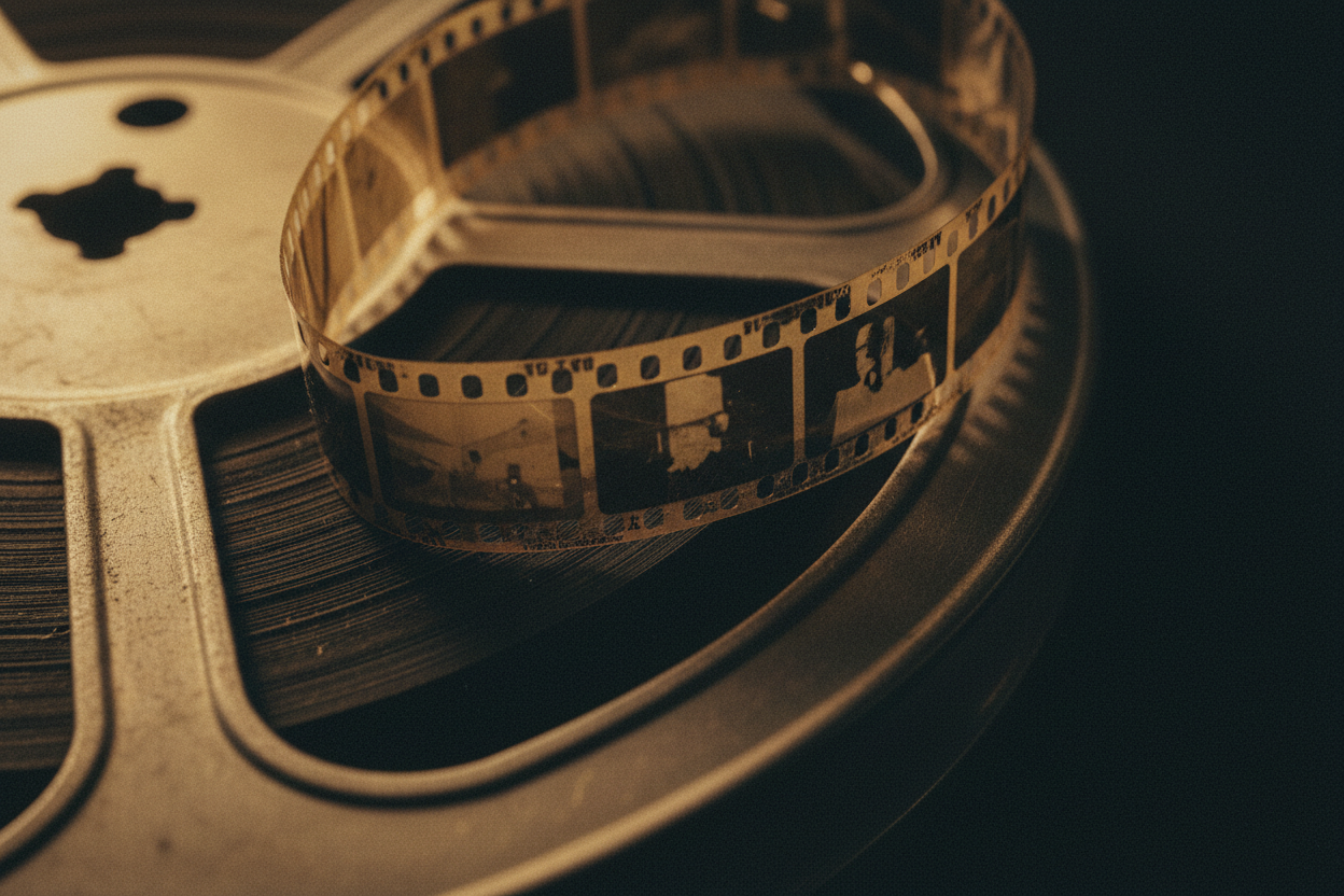 Macro close-up of vintage film reel and celluloid strip with warm amber light