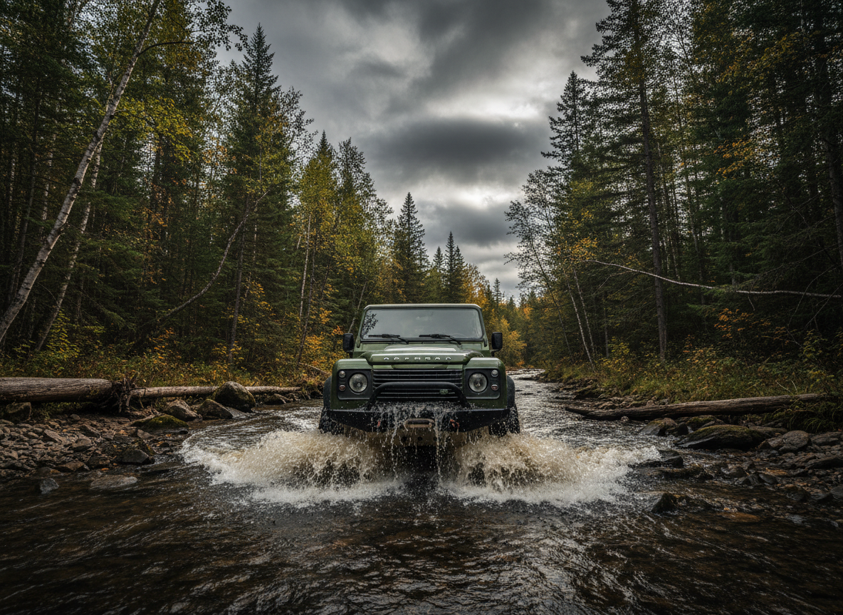 Defender crossing a shallow river
