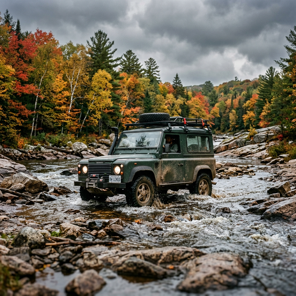 Land Rover Defender crossing rocky creek in Ontario autumn