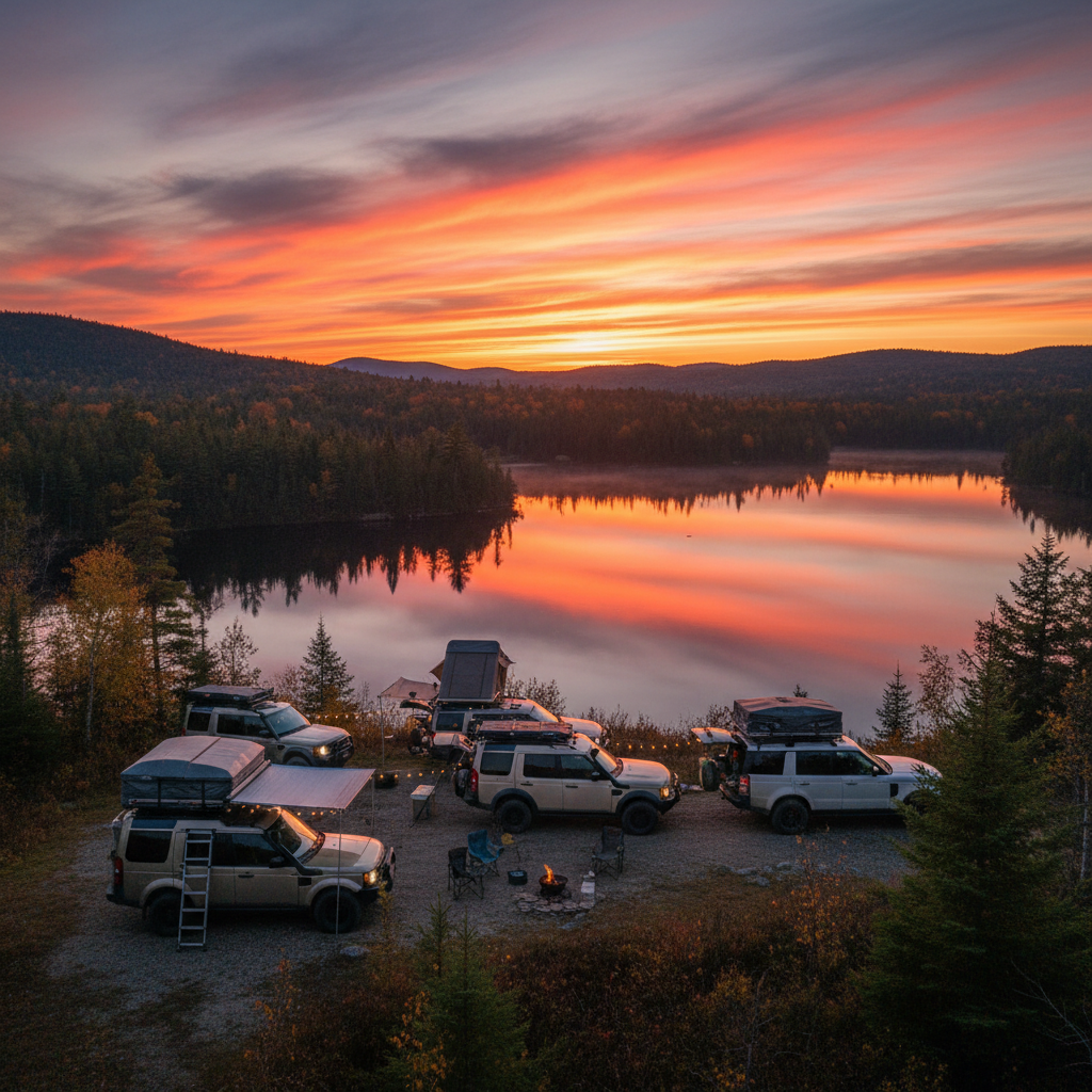 Land Rovers at Muskoka lake overlook at sunset