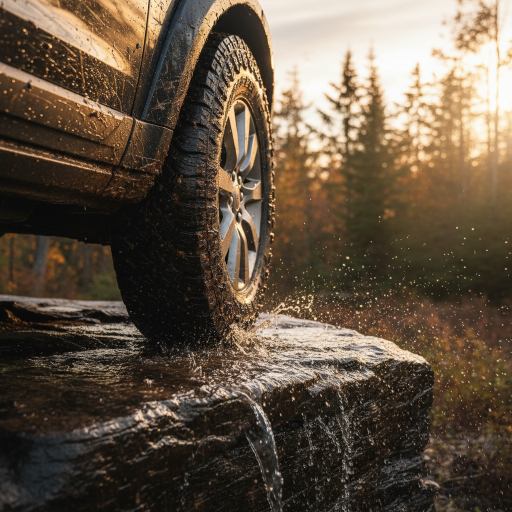 Mud-caked Land Rover tire gripping rock