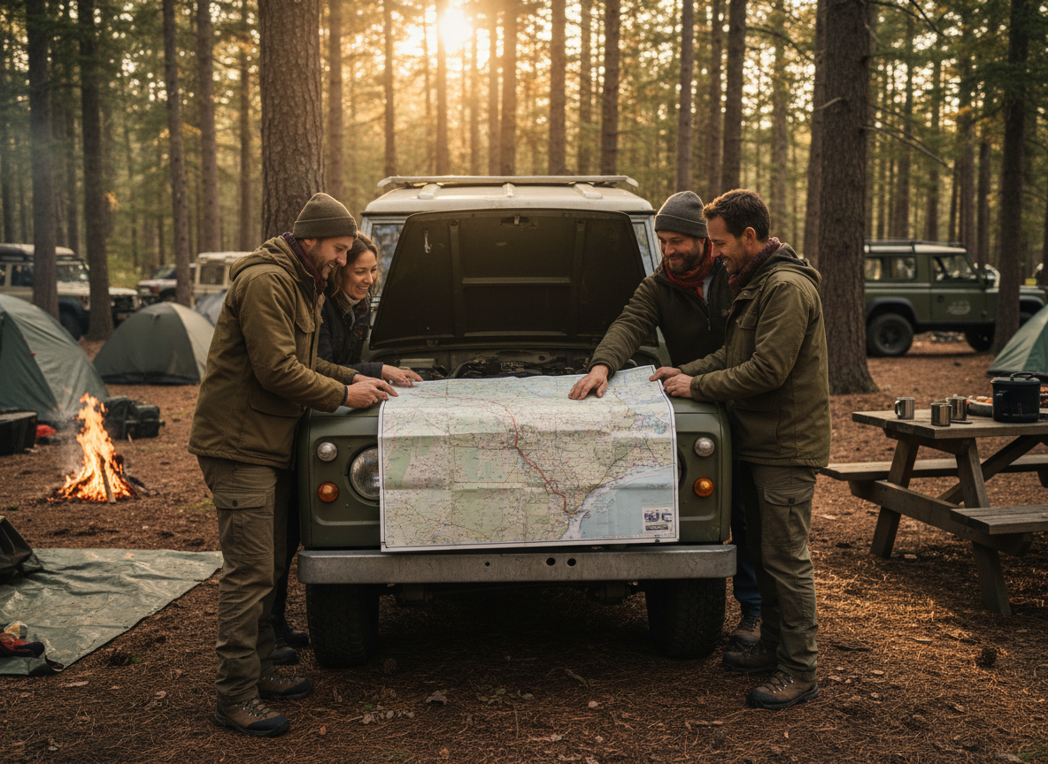 Owners gathered around a map on a Land Rover bonnet