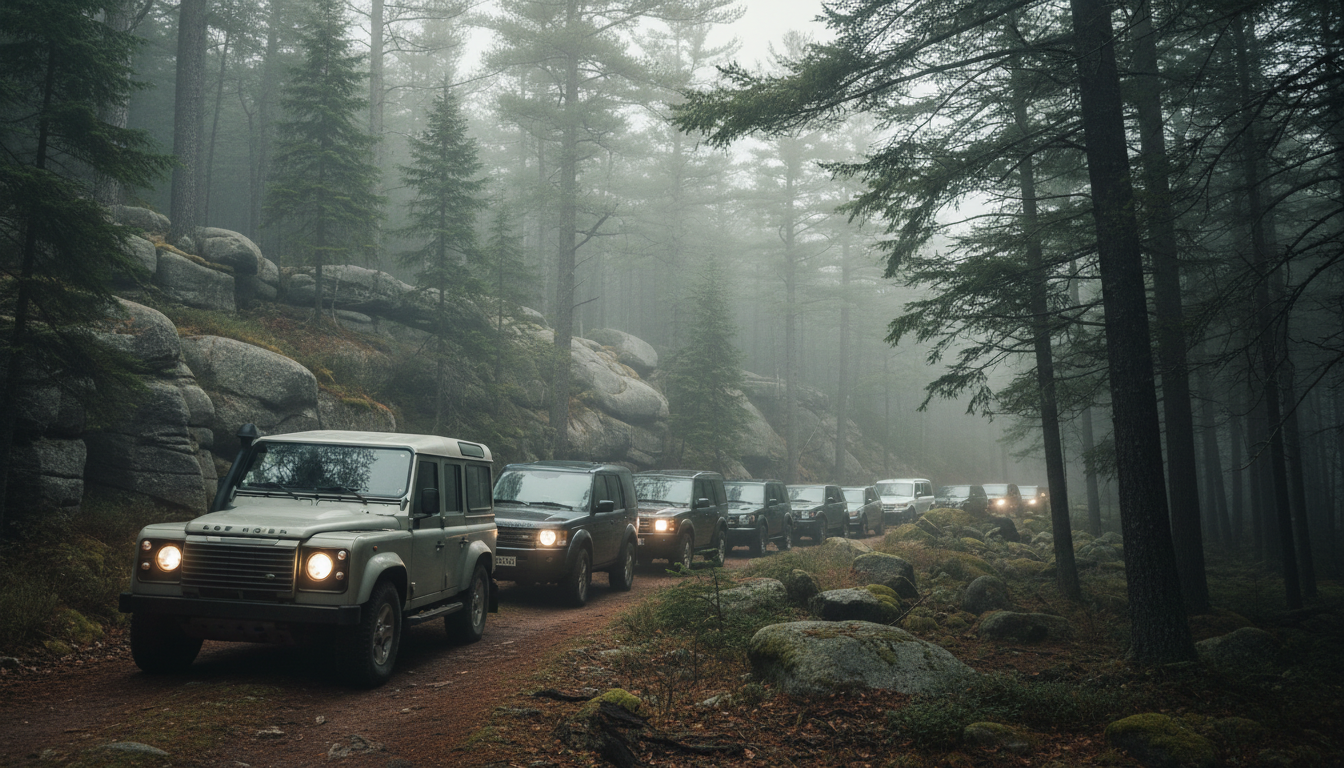 Convoy of Land Rovers on a misty forest trail in Ontario