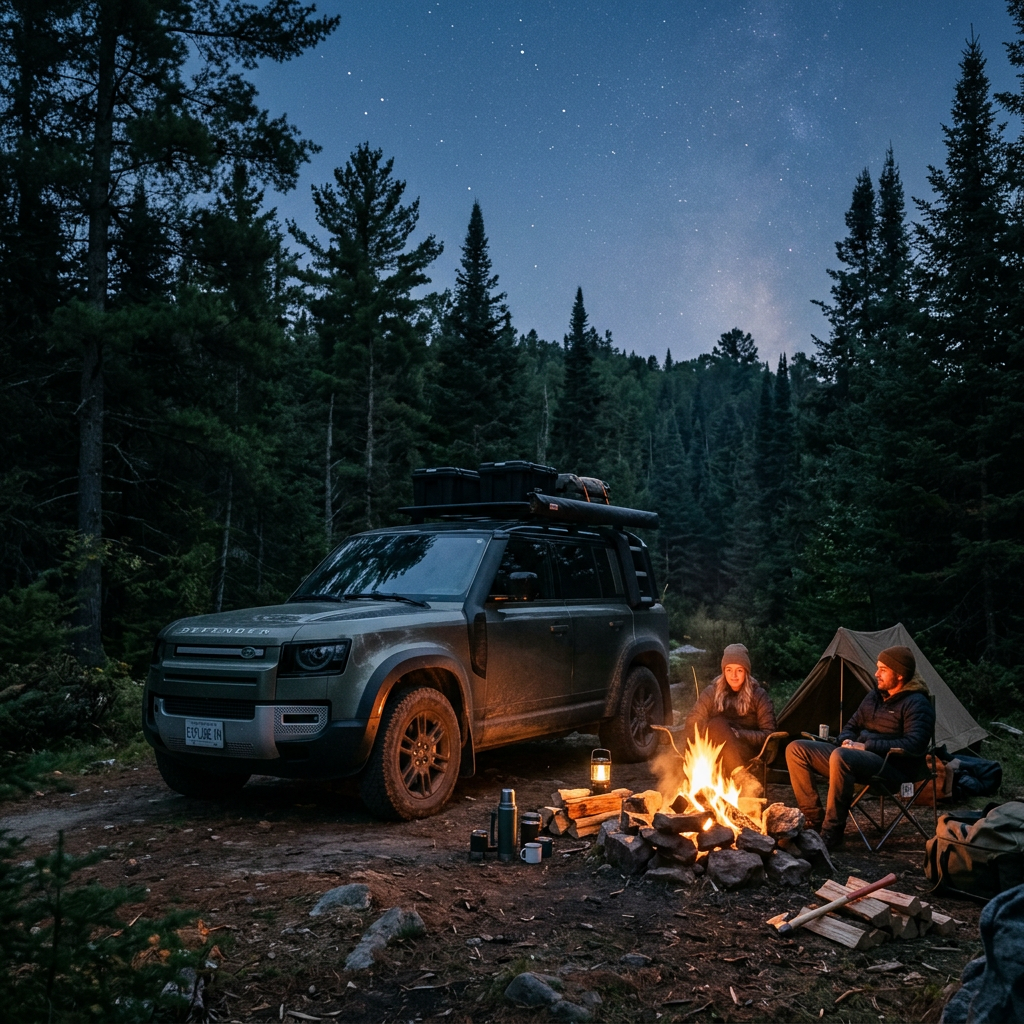 Land Rover Defender at remote campsite at dusk