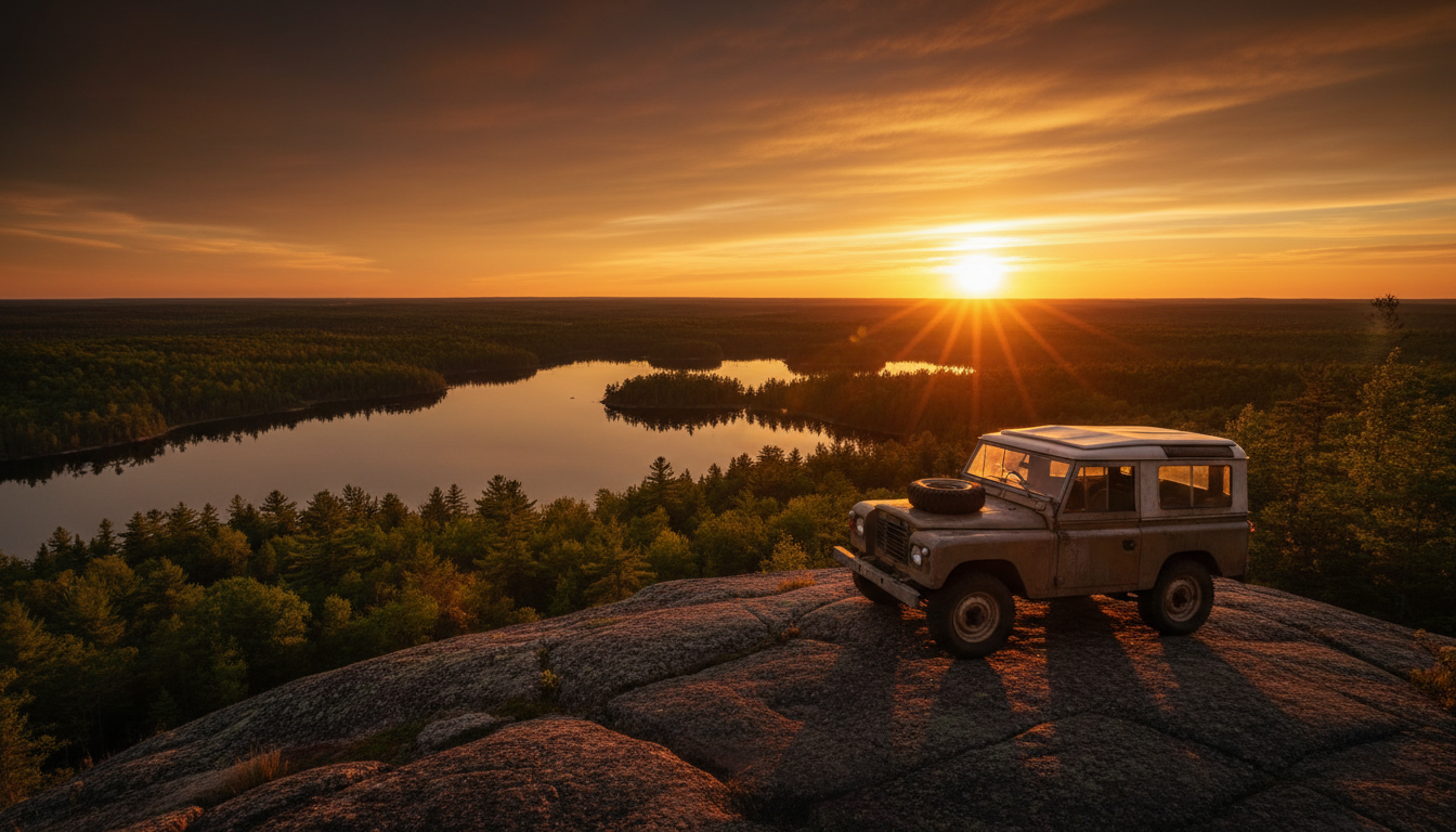 Land Rover Series III silhouetted on Ontario ridge at sunset