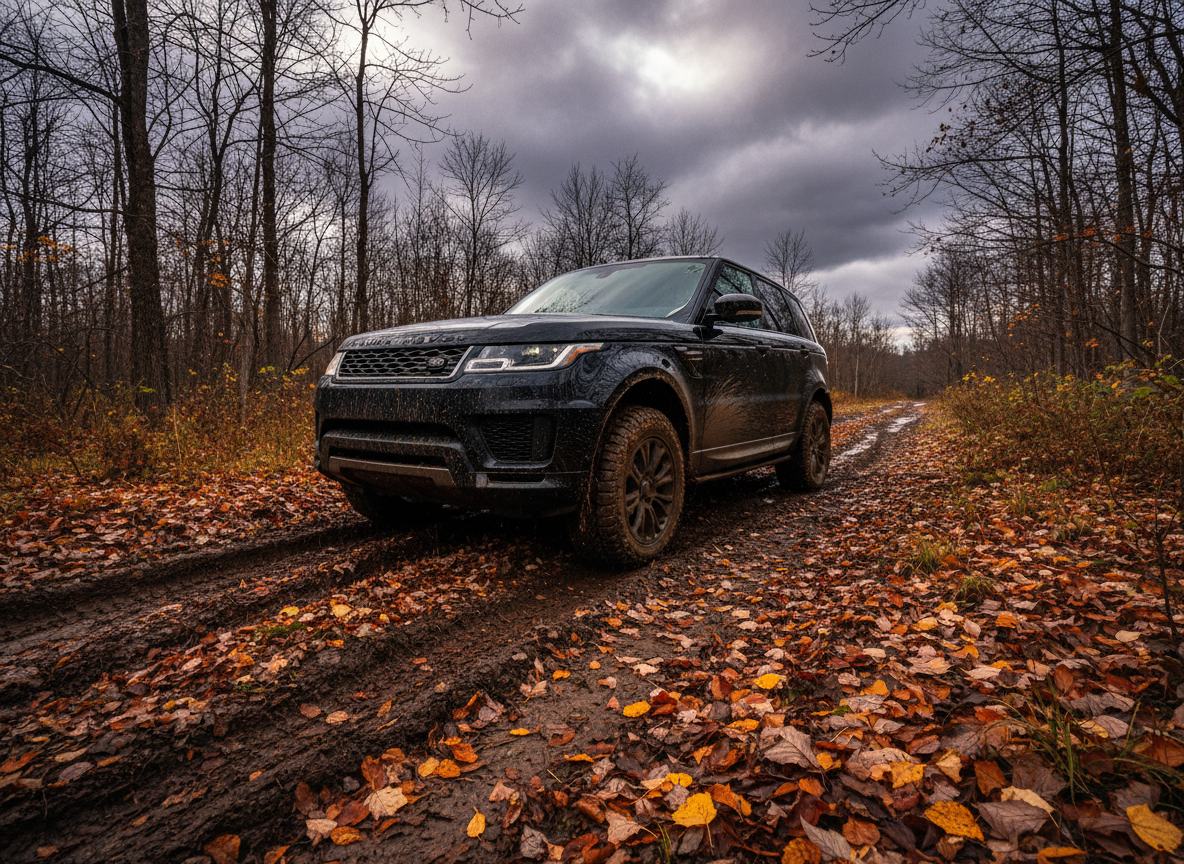 Range Rover on muddy autumn trail