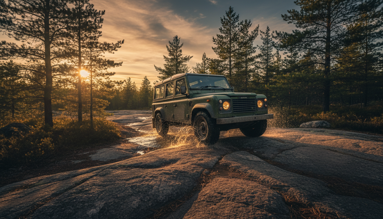 Land Rover Defender navigating rocky Canadian Shield trail at golden hour