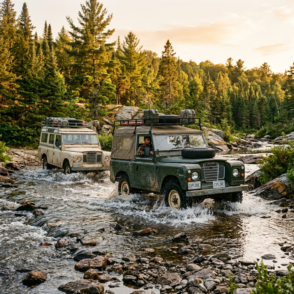 Classic Land Rover Series fording a river in Ontario