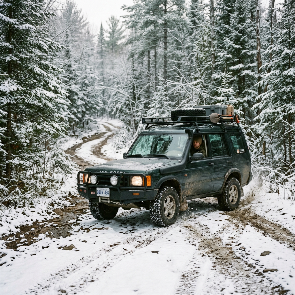 Land Rover Discovery on snow-dusted Ontario forest trail