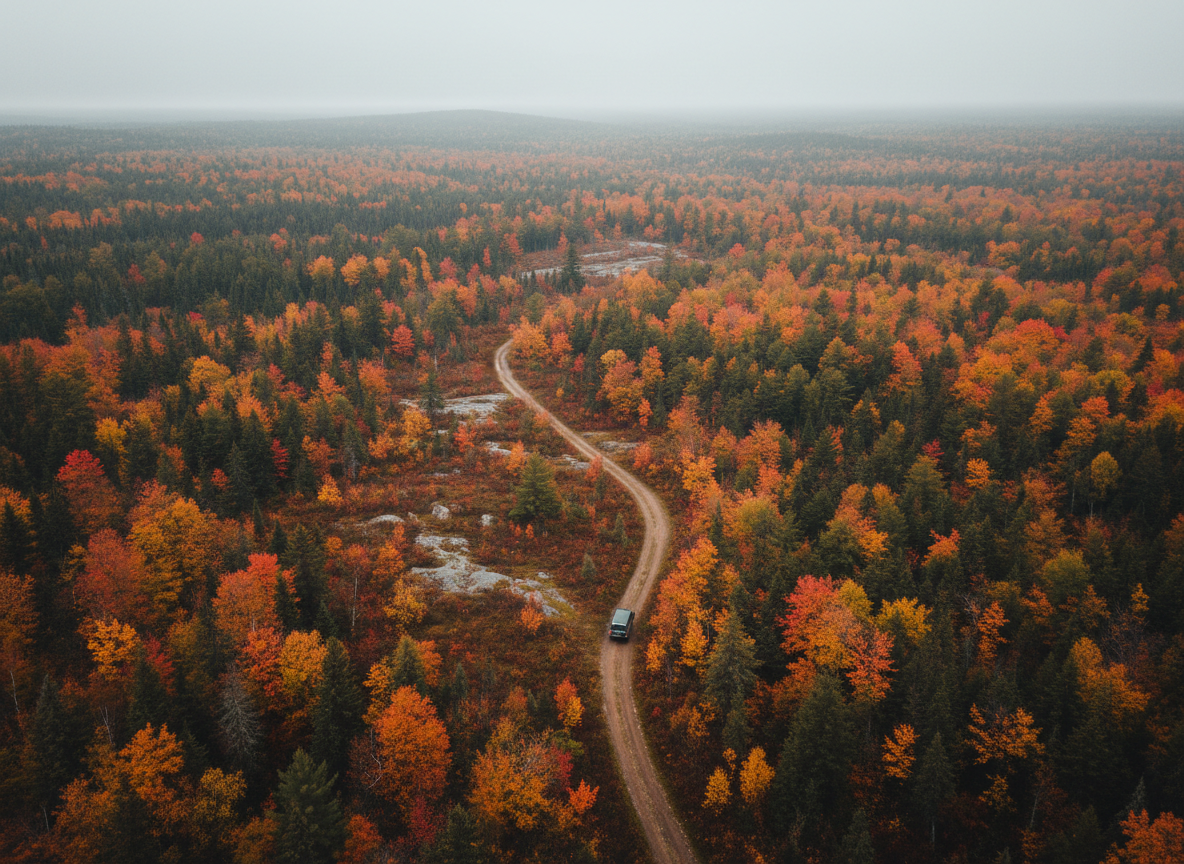 Aerial view of Land Rover on winding trail through boreal forest